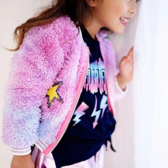 Baby Sara Multi Pink Tie Dye Faux Fur Bomber Jacket w/Star Trim Detail